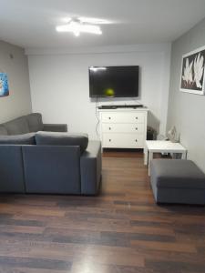 a living room with a couch and a flat screen tv at Malwers in Zielonka