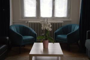 a living room with two blue chairs and a vase with flowers on a table at Yapot in Colmar +1 photo