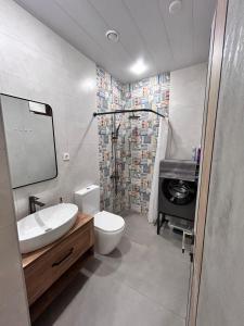 a bathroom with a sink and a toilet and a shower at Your Cozy Home 2BR Local Vibe 25 Mins to Center in Yerevan