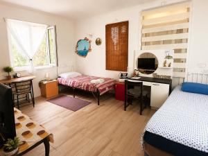 a bedroom with two beds and a desk and a desk at Private Guest Room with Garden Access in Skopje