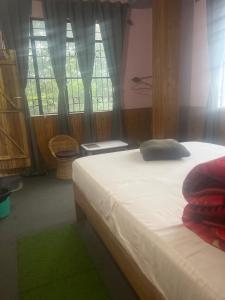 a bedroom with a bed and a window with curtains at The Rainbow Inn in Sonāda