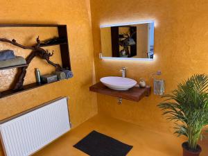 a bathroom with a sink and a mirror at Odavagyok Vendégház in DiÃ³sviszlÃ³ +18 photos