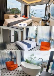 a collage of two pictures of a hotel room at Gấu Home Tây's in Tam Ðảo