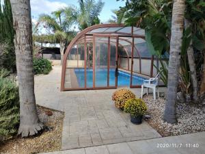 a swimming pool in a gazebo with a chair and trees at Danitsea vila in Larnaca