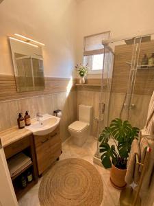 a bathroom with a sink and a shower and a toilet at Gioia B&B in Cirò Marina