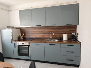 a kitchen with white cabinets and a sink and a refrigerator at Apartman Matej in Gospić