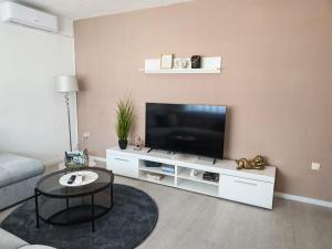 a living room with a flat screen tv on a wall at Apartman Matej in Gospić
