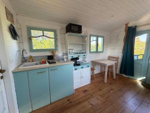 a kitchen with a sink and a table in a room at La Roulotte à Raven in Le Houga