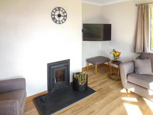 a living room with a fireplace and a clock on the wall at Briardene Cottage in Whitestone