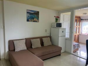 a living room with a couch and a microwave at Rose Garden in Siófok