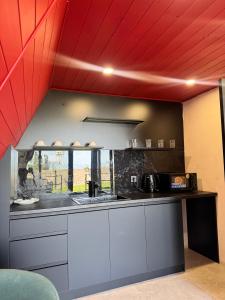 a kitchen with a red ceiling at SHAM A-frame in Bayetovka