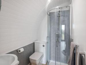 a bathroom with a shower and a toilet and a sink at Squirrels Retreat - Uk46127 in Nesscliffe