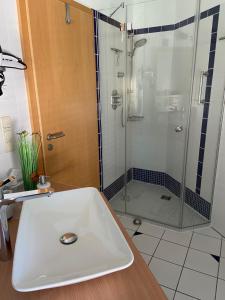 a bathroom with a sink and a shower at Villa "Auszeit" in Hohen Neuendorf +24 photos