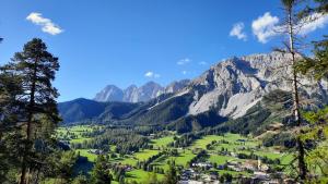 a view of a valley in the mountains at Obergrabnerhof in Ramsau am Dachstein