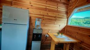 a kitchen with a refrigerator and a wooden wall at Riverside Rooms in Šavnik