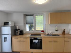 a kitchen with a sink and a stove top oven at Ferienwohnung Trinh 1 in Überlingen