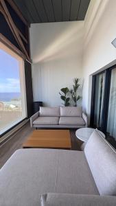 a living room with a couch and a large window at Le Loft Bleu in Petite Île