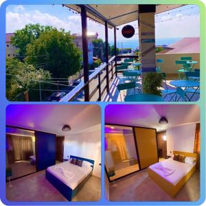 three pictures of a hotel room with beds and a balcony at Sea View Premium in Costinesti