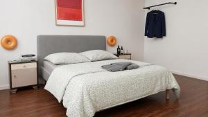 a bedroom with a bed with a gray head board at Central Studio Apartment with free BaselCard - Magritte in Basel
