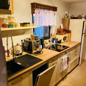 a kitchen with a sink and a stove and a refrigerator at Sidka & Adam in Liptovský Ján