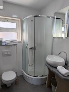 a bathroom with a shower and a toilet and a sink at Apartmani Brač in Pučišća +33 photos