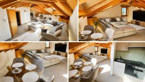 a collage of four pictures of a living room at Alpine Home with Lounge - 10 min from St Moritz in La Punt-Chamues-ch