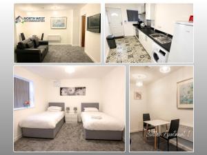a collage of three pictures of a room at Modern Serviced Apartments in St Helens with Free WiFi Ideal for Leisure or Work Stays by North West Accommodation in Saint Helens