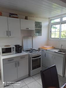 a kitchen with a stove and a microwave at F2 F3 Marjo tranquillity in Le Carbet +8 photos
