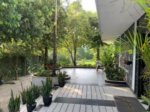 a courtyard with potted plants and a bench at Hostal Monte Verde in Zaragoza