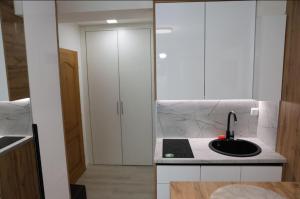 eine Küche mit Spüle und weißen Schränken in der Unterkunft Square Studio Brcko in Brčko
