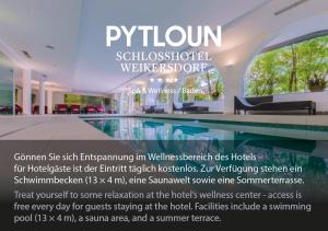a flyer for a swimming pool in a building at Pytloun Schlosshotel Weikersdorf in Baden