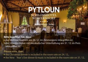 a flyer for a restaurant with a picture of a dining room at Pytloun Schlosshotel Weikersdorf in Baden +66 photos