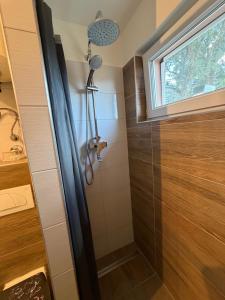 a bathroom with a shower and a window at Apartman Indy in Marčelji