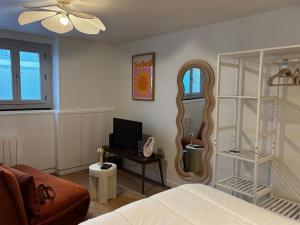 a bedroom with a bed and a mirror on the wall at La Parenthèse Meymacoise in Meymac