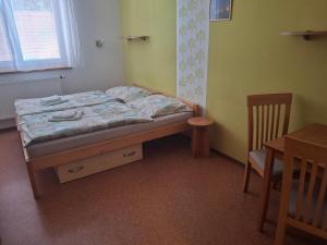 a bed in a room with a table and a chair at penzion BON TRE in Třeboň