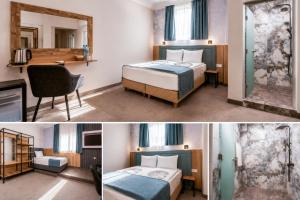 two pictures of a hotel room with two beds at Хотел EFES in Burgas