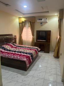 a bedroom with a bed and a flat screen tv at ifetomitola in Iseri-Osun