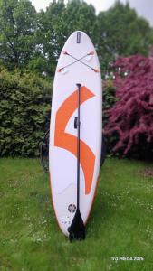 a surfboard sitting on the grass in the grass at Molly and Butter in Valmiera