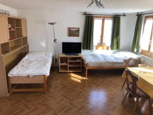 a bedroom with two beds and a desk with a tv at Apartment Panoramablick mit Charme by Interhome in Wasen