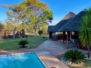 a thatch roofed house with a swimming pool and a yard at Zomoya Game Farm in Vaalwater
