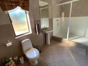 a bathroom with a toilet and a shower and a sink at Zomoya Game Farm in Vaalwater +49 photos
