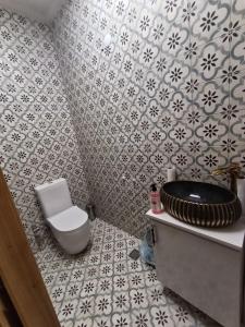 a bathroom with a toilet and a sink in it at Menekşe Sultan Köşkü Otel Oda 2 in Burunabat