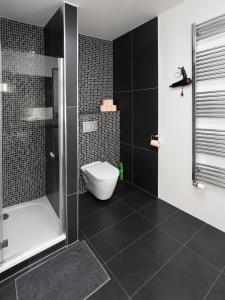 a bathroom with a toilet and a glass shower at RUMAKO apartments in Prague +48 photos