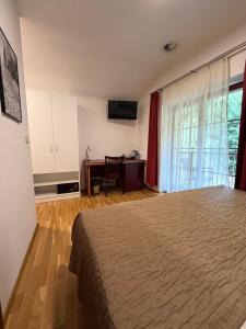 a bedroom with a bed and a desk and a window at Hotel a Restaurant Výpřež in Děčín