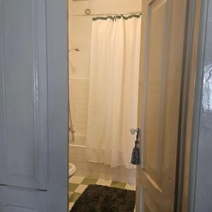 a bathroom with a shower curtain and a toilet at O Solarinho Azul in Oledo