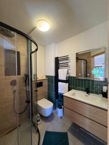 a bathroom with a sink and a toilet and a shower at Unterhecherhof in Bannberg +95 photos