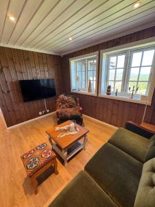 a living room with a couch and a coffee table at Vikerfjell i Ringerike, Oslos nærmeste høyfjell in Hønefoss
