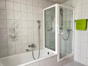 a bathroom with a shower and a bath tub with a glass door at Ferienwohnungen Irmengard in Bernau am Chiemsee +23 photos