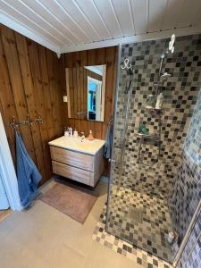 a bathroom with a sink and a shower at Vikerfjell i Ringerike, Oslos nærmeste høyfjell in Hønefoss +48 photos