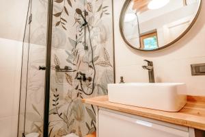 a bathroom with a sink and a shower at Duh šume in Kupjak +35 photos